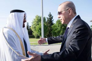 UAE-President-Sheikh-Mohamed-bin-Zayed-Al-Nahyan-is-received-by-Turkish-President-Recep-Tayyip-Erdogan--left---at-Ataturk-Airport--